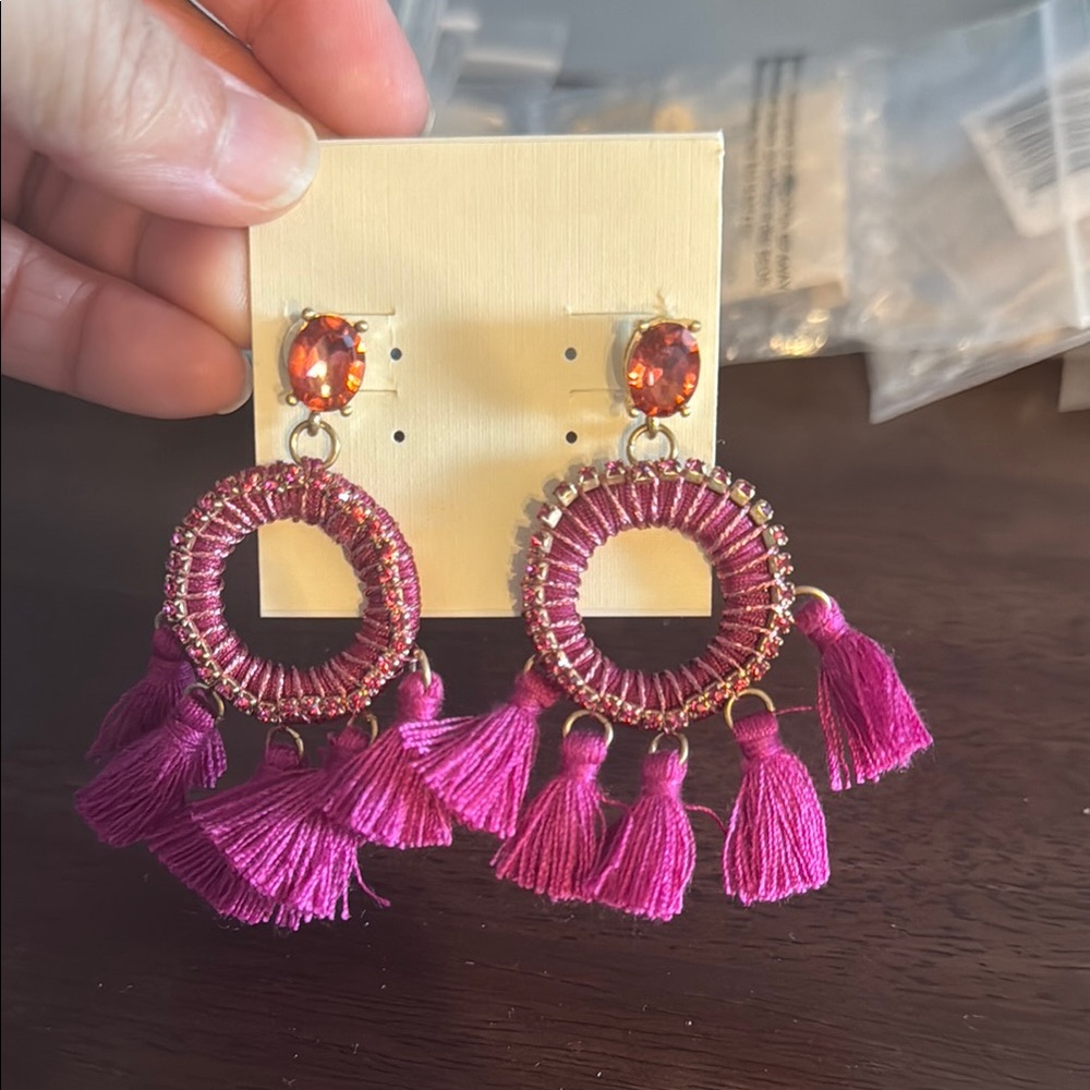 Vibrant Pink Hoop Earrings with Tassels